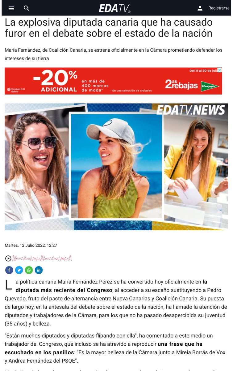 Que aún haya medios que titulen el debut de una parlamentaria con frases tipo: “LA EXPLOSIVA DIPUTADA CANARIA QUE CAUSA FUROR…” da auténtica vergüencita (ante el silencio atronador de algunas).  Son sus aptitudes, ideas, formación y trayectoria su verdadero aval.<a href="/MariaFdezPerez/">María Fernández</a>