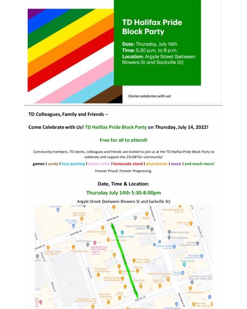 halifaxnoise (@halifaxnoise) on Twitter photo THURSDAY // BLOCK PARTY
From <a href="/julienabboud/">julien abboud</a> (on twitter) —
Join Us Tomorrow July 14 to our <a href="/TD_Canada/">TD (Canada)</a> Halifax Pride Block Party to Celebrate the 2SLGBTQ+ Community and Have Fun <a href="/Banque_TD/">TD (Canada)</a> #ForeverProud #ForeverProgressing #Thereadycommitment instagr.am/p/Cf9JV4frA9g/ THURSDAY // BLOCK PARTY
From <a href="/julienabboud/">julien abboud</a> (on twitter) —
Join Us Tomorrow July 14 to our <a href="/TD_Canada/">TD (Canada)</a> Halifax Pride Block Party to Celebrate the 2SLGBTQ+ Community and Have Fun <a href="/Banque_TD/">TD (Canada)</a> #ForeverProud #ForeverProgressing #Thereadycommitment instagr.am/p/Cf9JV4frA9g/