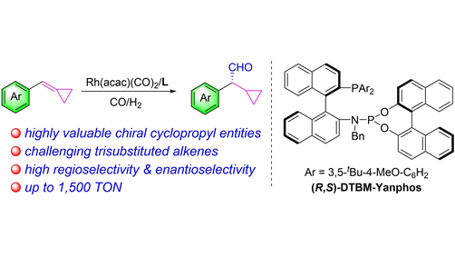 angew_chem's tweet photo. Dr. Shaotao Bai &amp; coworkers report the first rhodium-diphosphine-catalyzed highly chemo-, regio- &amp; enantioselective hydroformylation of cyclopropyl-functionalized trisubstituted alkenes to afford high-value chiral cyclopropyl entities #catalys @SUSTechSZ https://t.co/Es0ZpLaf7P https://t.co/SxkpVBFJXa