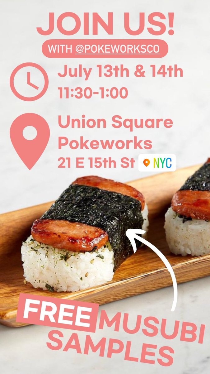 #newyorkers ! Today at lunchtime, stop by @pokeworksco Union Square for some plant-based musubi! We’ll be sampling + giving out coupons!🥳 See you soon! #plantbased #flexitarian #newyork #nyc