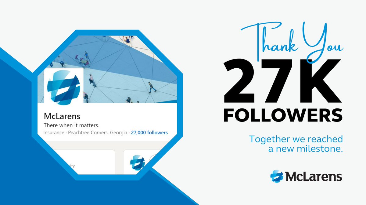 McLarens Milestone Alert! 

Thanks to our amazing LinkedIn followers, McLarens hit an impressive milestone this month, surpassing the 27,000-follower mark! Thank you for your following, commenting, and engaging with us.

#McLarens #TeamMcLarens #Thankyou