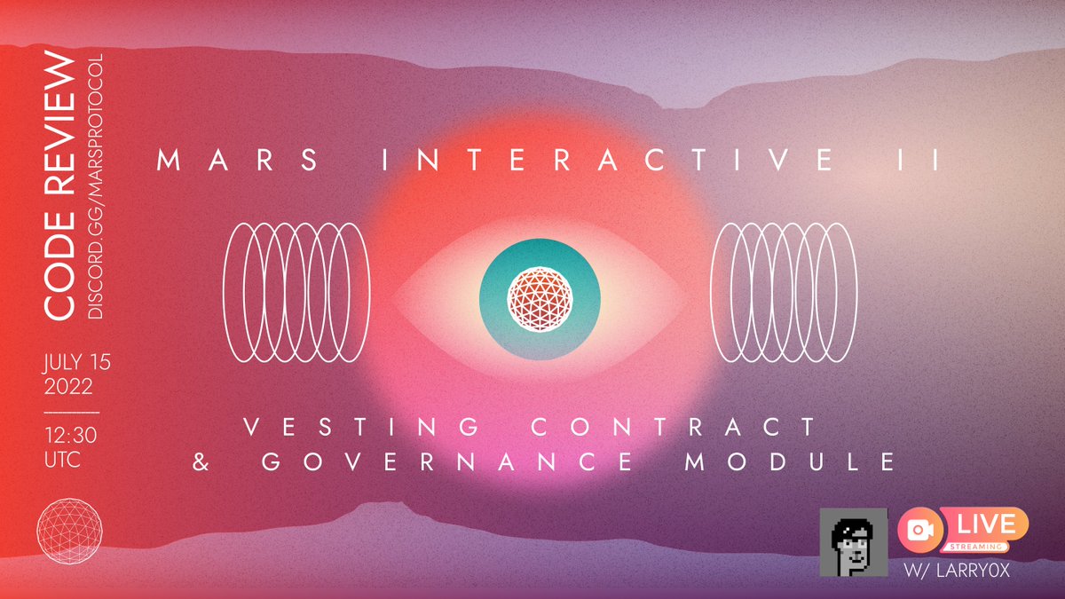 mars_protocol's tweet photo. 🛰️ Join Mars contributor @larry0x for another interactive code review!

Topics: Vesting contracts &amp; governance module changes. Listen, ask questions &amp; help spot bugs in this live video transmission.

🔴 July 15, 2022
🔴 12:30 UTC | 8:30 EST
🔴 https://t.co/1b9vIcDfyg https://t.co/bjaAe7vT5r