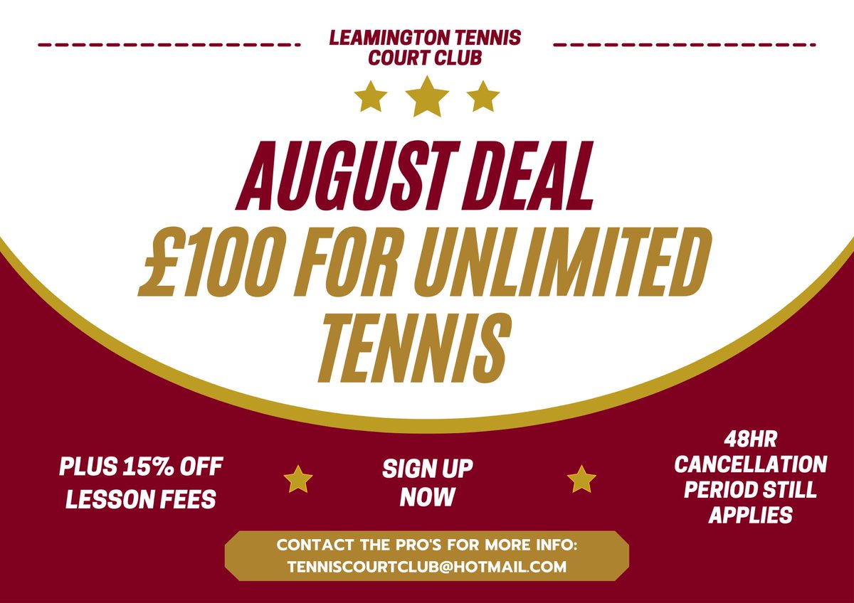 * AUGUST DEAL * 🚨 This August we will be running an unlimited tennis offer for only £100. As well as this, those who take the offer will receive 15% off lessons for the month. Why not use this as an opportunity to fine tune your game ready for the upcoming season! 🎾