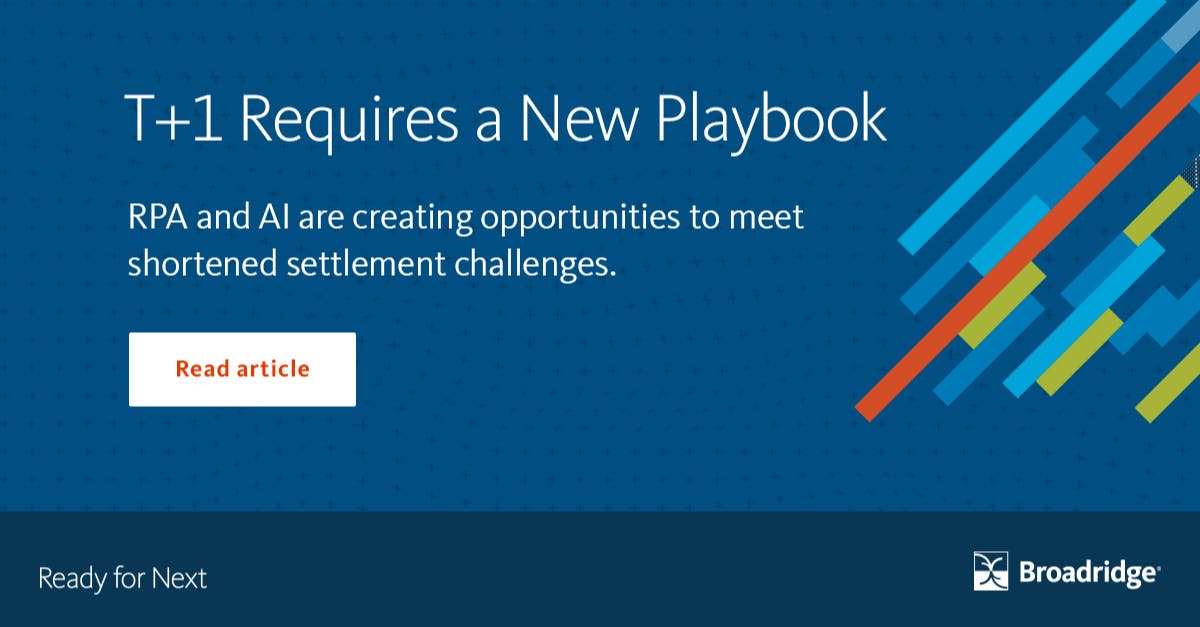 Broadridge's David Smith and Uday Singh recently penned a byline for TabbFORUM on the SEC’s plans to move to T+1 and the challenges firms are facing to make T+1 possible. To learn more about T+1 best practices and addressing these challenges  bit.ly/3yxiJJA
