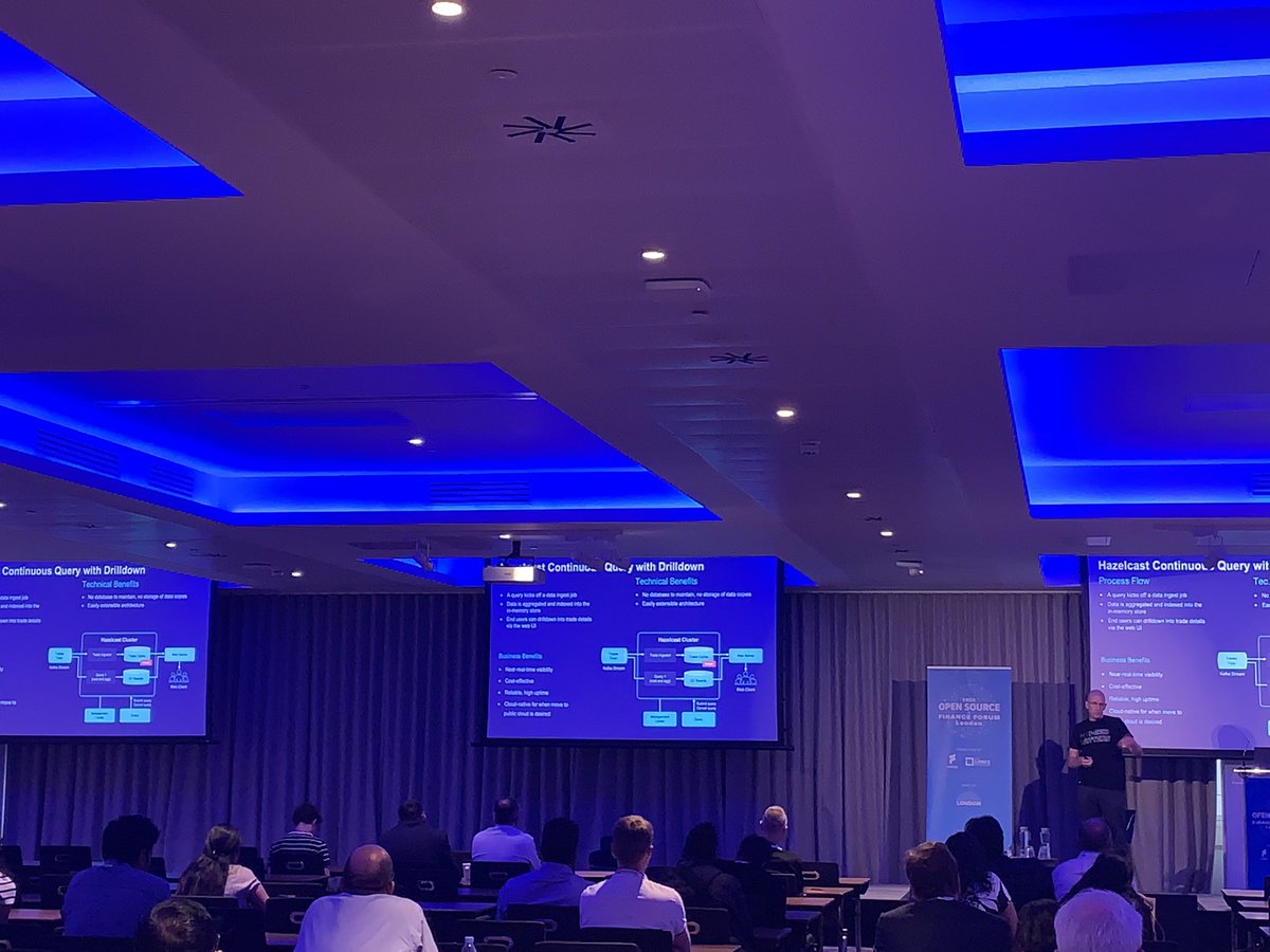 FINOSFoundation's tweet photo. Neil Stevenson of @hazelcast showcasing the end-to-end framework and an example Trade application, built on Hazelcast. #osfflondon #osfinserv https://t.co/XWHM65WqGB
