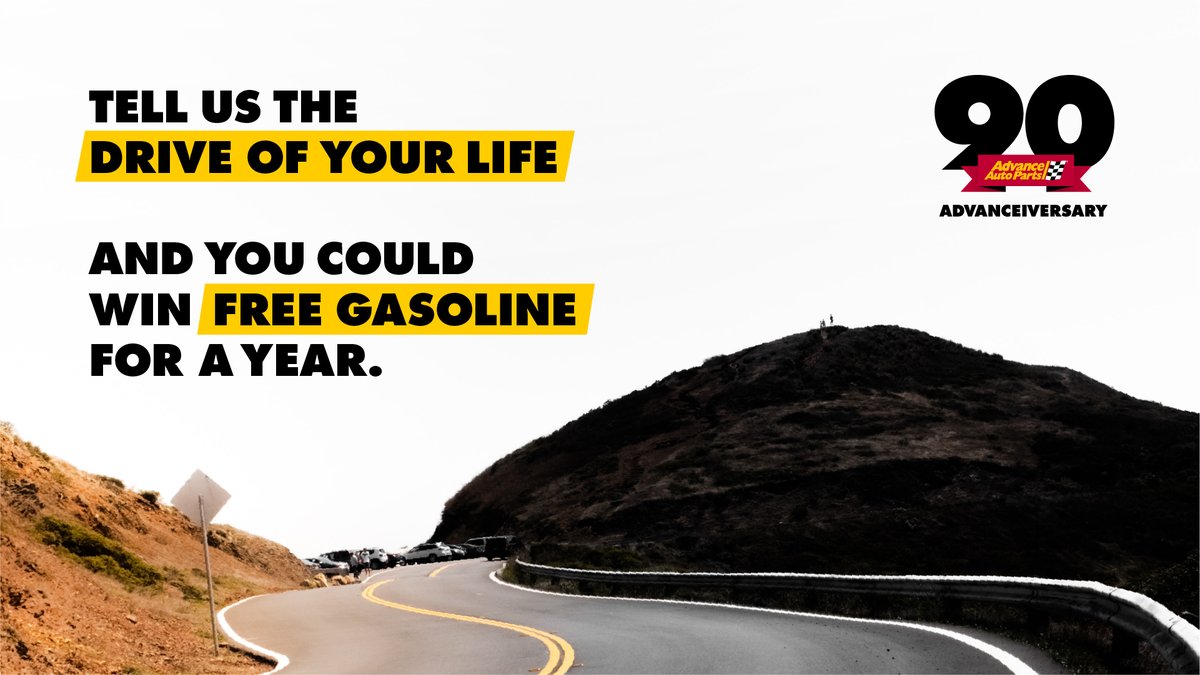 AdvanceAuto's tweet photo. LIKE FREE GAS?
 To celebrate our 90th #Advanceiversary, we’re awarding a FREE year of @Shell gas to one winner every day through July 31. 

To enter, use hashtag #DriveOfYourLifeContest, tag us, and share the story of the drive you’ll never forget. Rules: https://t.co/kxhevua2HC https://t.co/XGtwFy6T9Q
