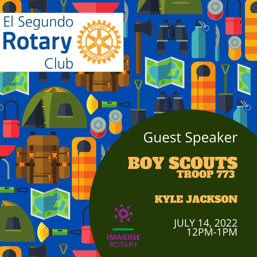 GundoRotary's tweet image. ⚜️ Join us on Thursday July 14th as we welcome guest speaker Kyle Jackson, Sout Master of the El Segundo Boy Scouts Troop 773! Meeting at the Automobile Driving Museum from 12pm-1pm. For more info, please email: info@elsegundorotary.org. See you there!