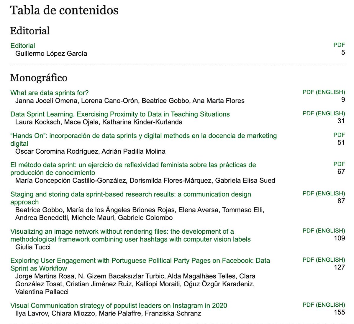 The special issue of <a href="/RevistaDigitos/">Revista Dígitos</a> about data sprints is now out! ✨🥳 It is coordinated by @gobbo_beatrice <a href="/Loreneando/">Lorena Cano-Orón</a> <a href="/Miuxapop/">Ana Marta M. Flores</a> and myself. 
"The Data Sprint Approach to Research: Experiments, Protocols and Knowledge" 
revistadigitos.com/index.php/digi… Articles &amp; authors below⬇️