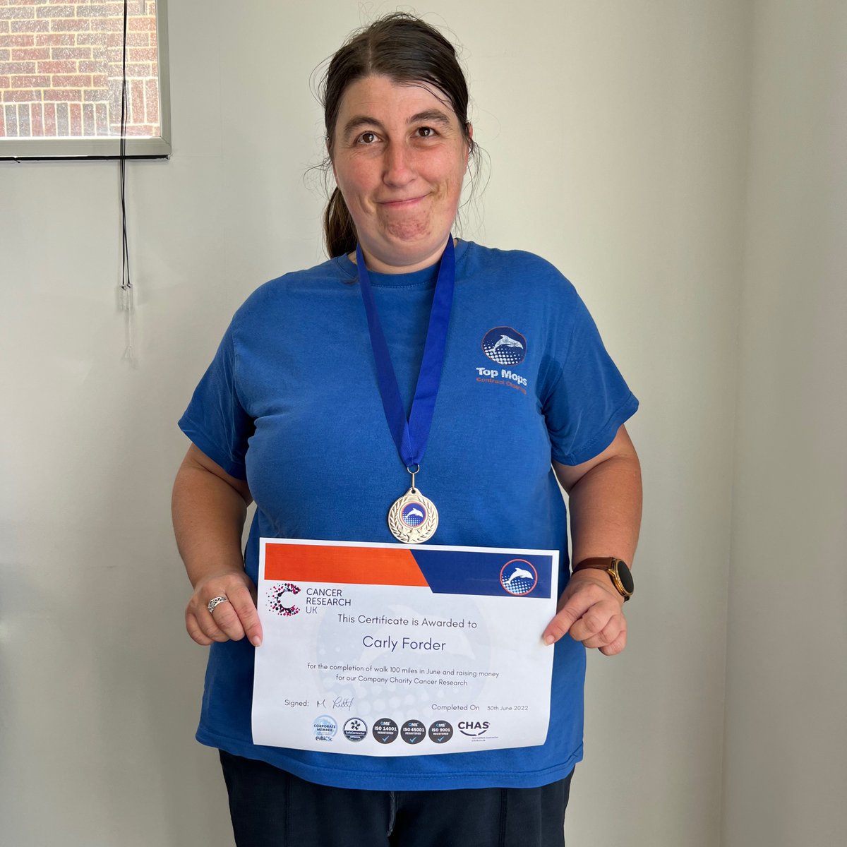 Well done to our Employee Carly, who raised over £300 last month for her Walk 100 Miles in June.

These donations have gone towards our charity of the year, Cancer Research.

Congratulations and Well done to all who took part 👏🏻

#fundraising #cruk #walk100milesinjune #topmops