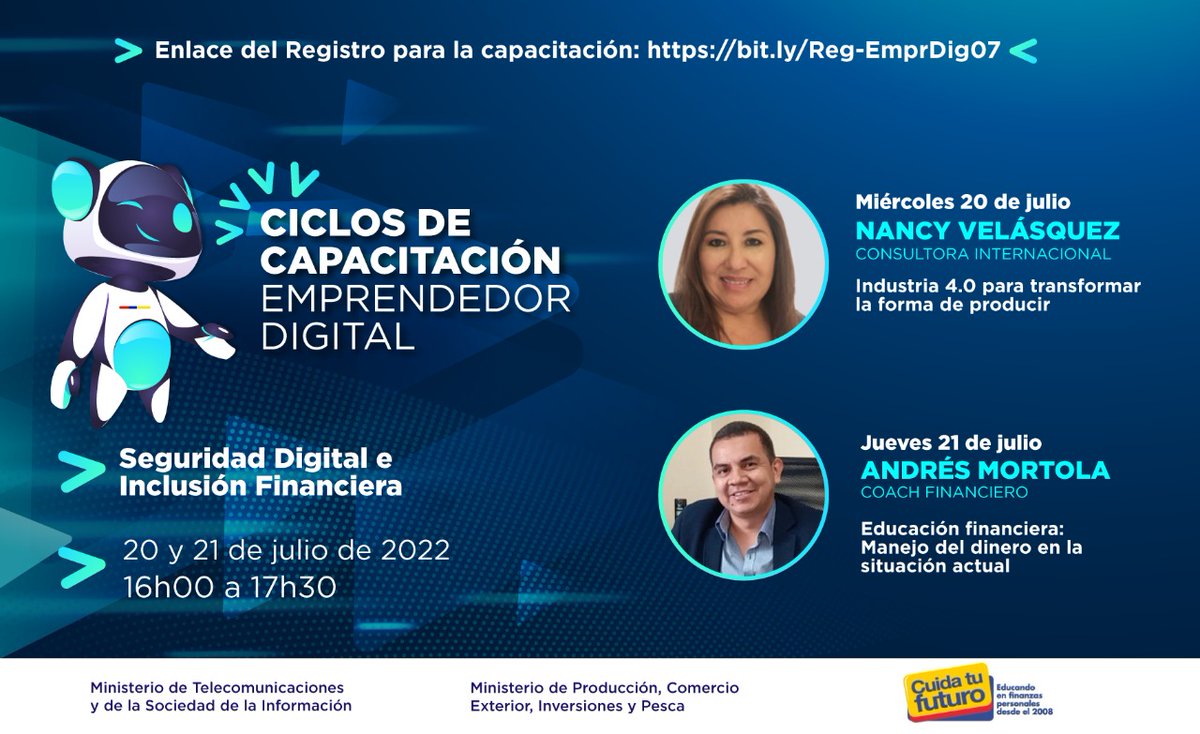 #CAPACITACIÓN🚨 | Este 20 y 21 de julio se realizarán los Ciclos de capacitación emprendedor digital.

Inscríbete de forma gratuita aquí. ➡️ bit.ly/Reg-EmprDig07  

#ComercioElectrónicoEc🛒 #EcuadorDeLasOportunidades 

<a href="/vmaino/">Vianna Maino</a>
