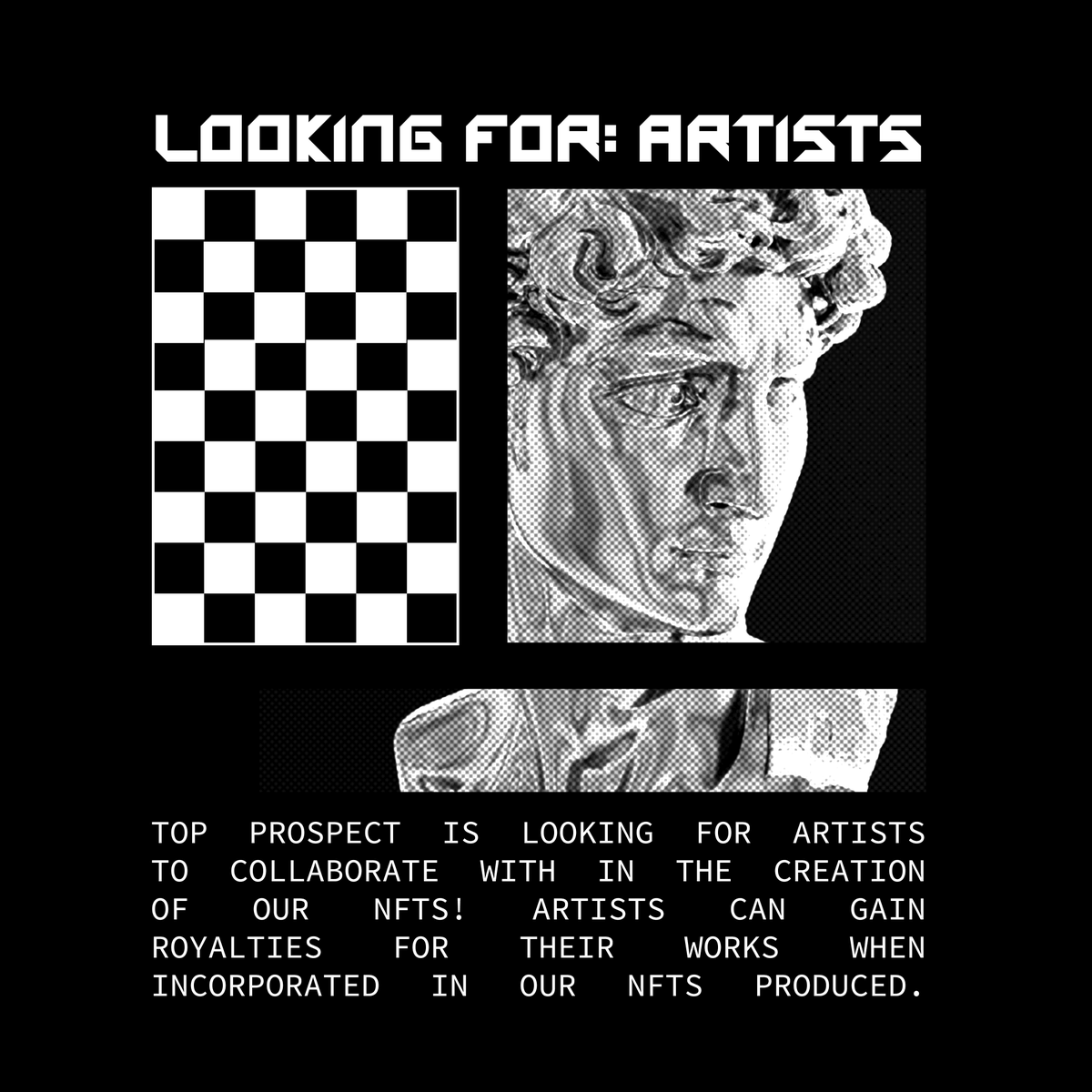 TopProspectNFTs's tweet photo. We're looking for artists interested in collaborating with our NFT creators! Artworks featured on our NFTs will allow the artists to gain royalty shares in return. Interested? DM us! 👀 https://t.co/Mwjlr6hpUY