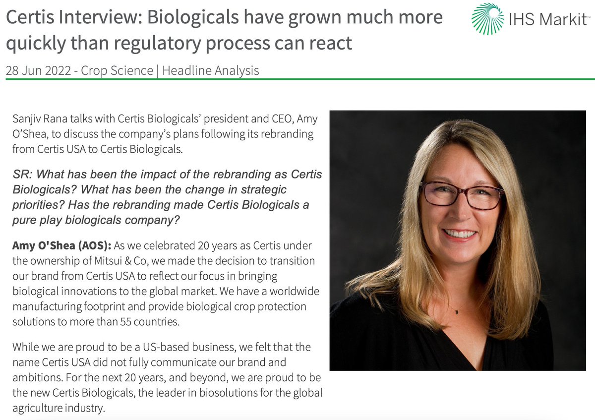 I appreciate the wide-ranging topics of conversation shared in this interview with IHS MarkIT. The #biologicals world is evolving rapidly and I am proud that <a href="/CertisBio/">Certis Biologicals</a> is leading the way in providing innovative solutions for growers.
