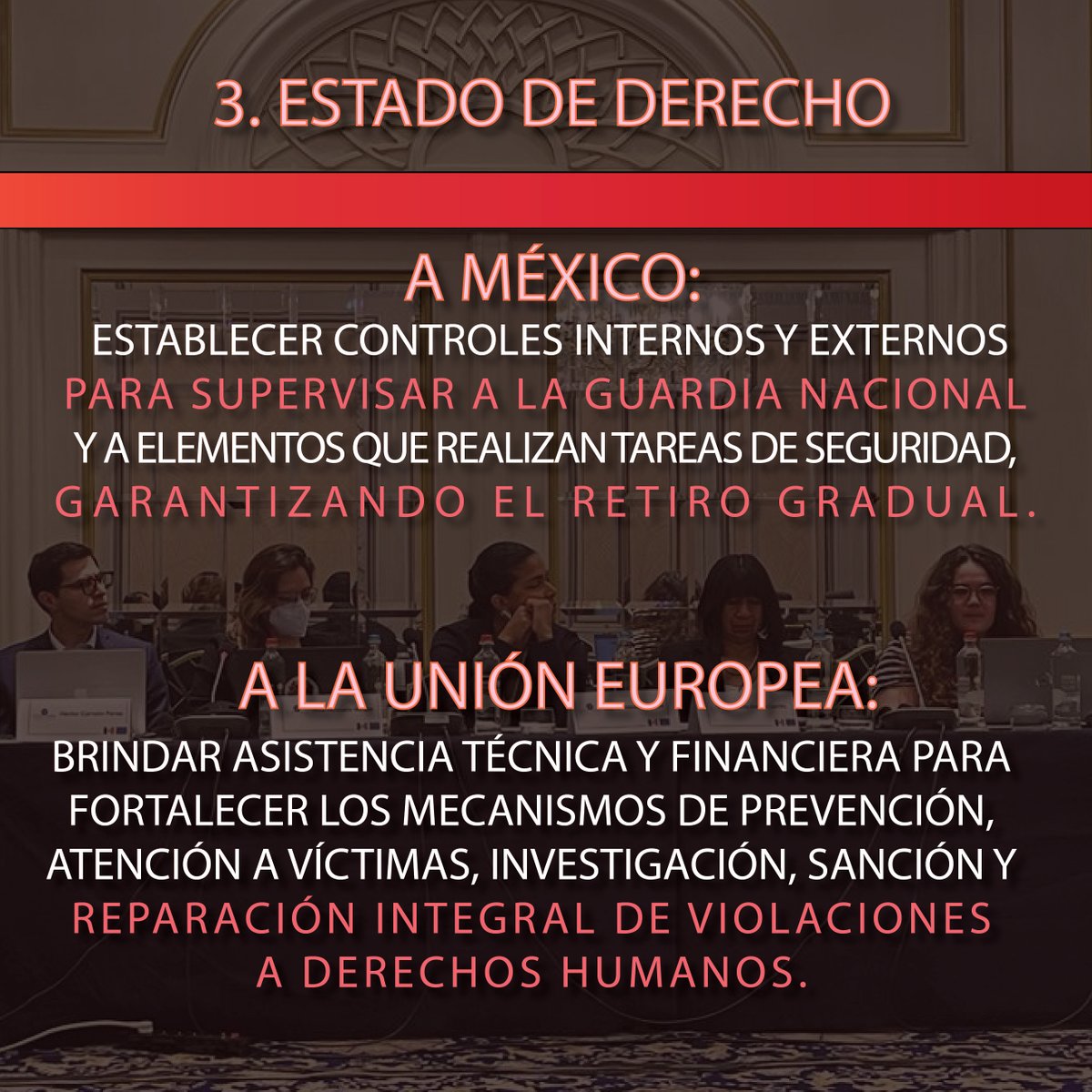 3⃣ Estado de Derecho
 
El <a href="/GobiernoMX/">Gobierno de México</a> debe vigilar la actuación de la <a href="/GN_MEXICO_/">Guardia Nacional</a> y garantizar su retiro gradual de las tareas de seguridad cotidiana.
(4/9) 🧵

➕ℹ️👇
redtdt.org.mx/archivos/17653