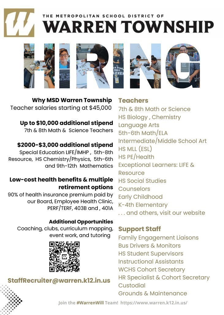 msdwarren's tweet photo. MSD Warren Township is seeking outstanding teachers/staff for the 22-23 school year. Warren is a great place to work &amp; provides highly competitive salary/benefits. Interested candidates can scan the QR code, contact our HR team at 317-869-4300 or visit https://t.co/7Av1zOEWze. https://t.co/jVo0XgDtAs