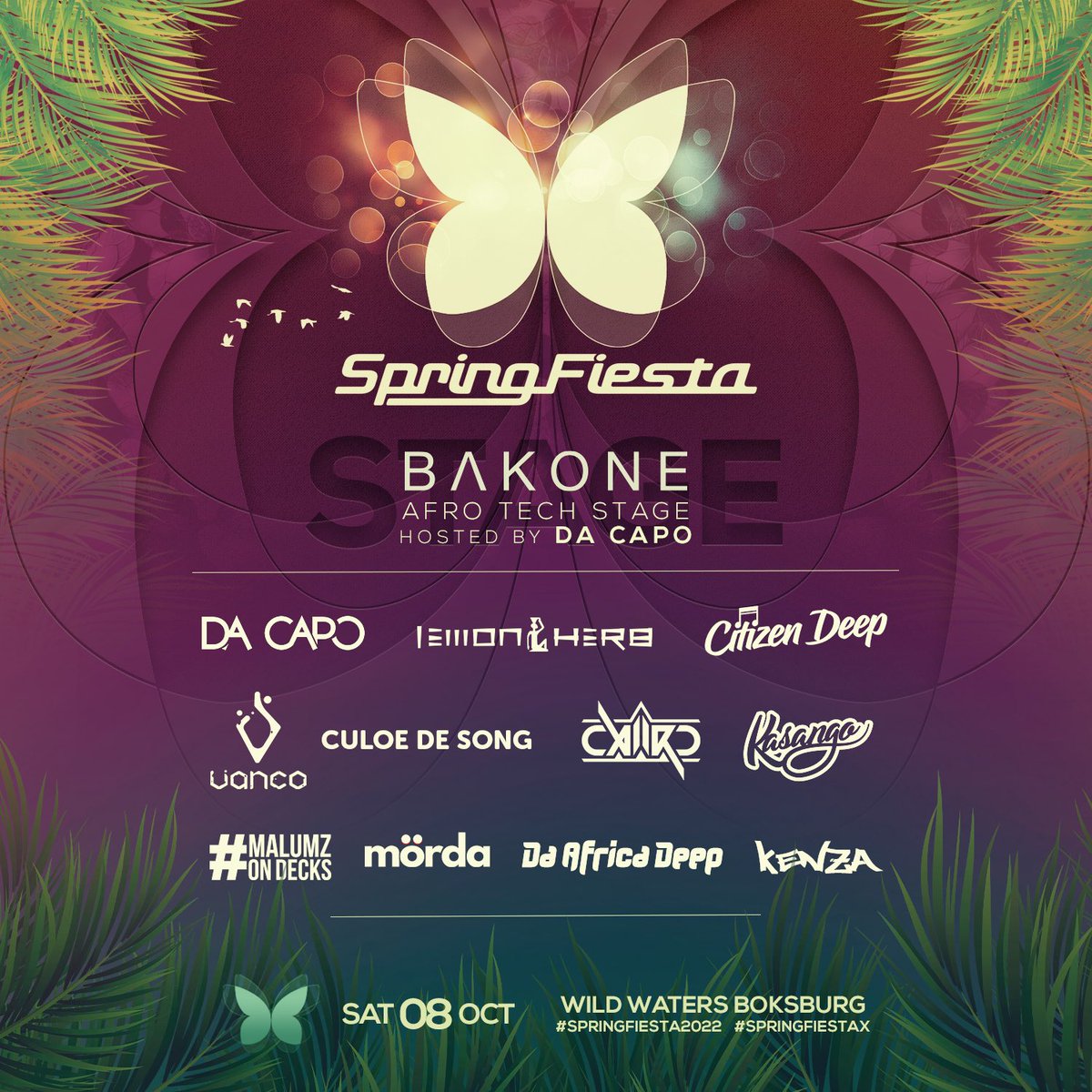 SPRING FIESTA NEWS ⚠️ STAGE 2 ANNOUNCED 🦋 // We are beyond excited to announce &amp; welcome #BAKONE - Afro Tech stage hosted by <a href="/DacapoSA/">Da Capo</a> - The movement is just getting started #SpringFiesta2022 🤩🎉 ~ Phase 1 tickets at springfiesta.co.za #SpringFiestaX <a href="/SoulCandi/">Soul Candi</a>