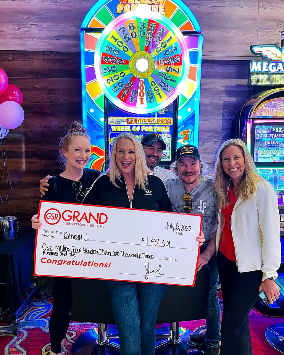 This win is no joke!&#128562;Congratulations to Kathryn on winning $1,431,301 playing Wheel of Fortune Triple Red Hot 7s Slots!! Kathryn and her husband, Justin, were staying at @GrandSierra while Justin performed in Reno and Tahoe as a professional comic.