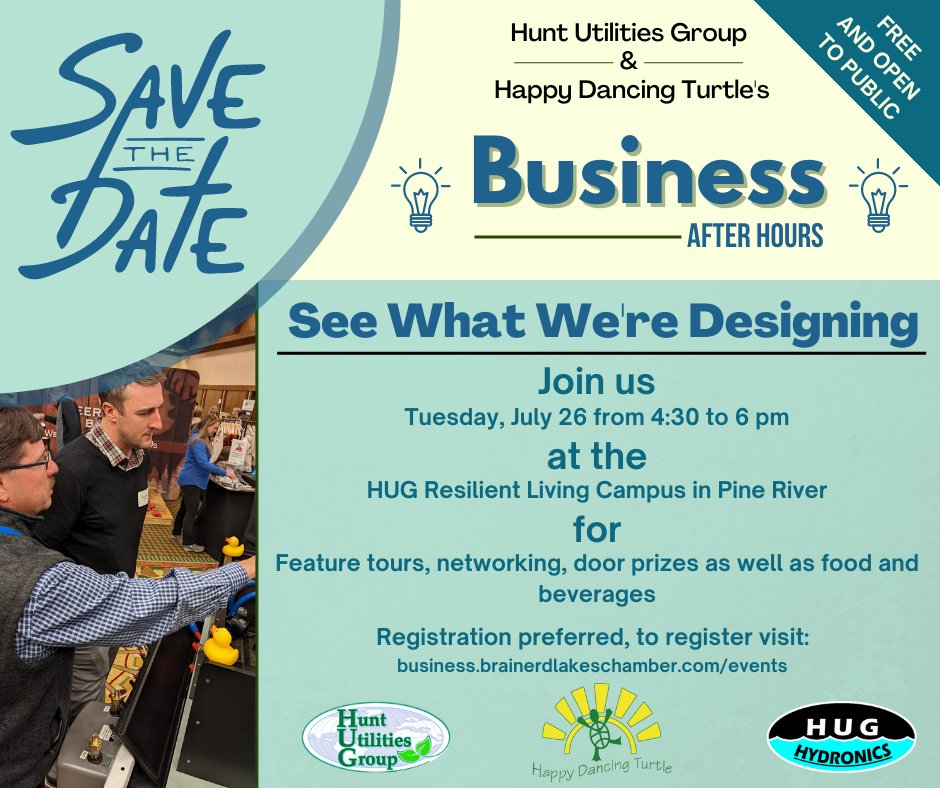 HUGLLC's tweet photo. Save the date! 
We're hosting a Business After Hours Event, organized by @BrainerdLakes. 
Tuesday, July 26 4:30-6:00pm. 

Appetizers, Tours, Door Prizes, and More! 
Sign up here: https://t.co/HBg5Ys4X6u

#brainerd #bla https://t.co/r0YzVZukke