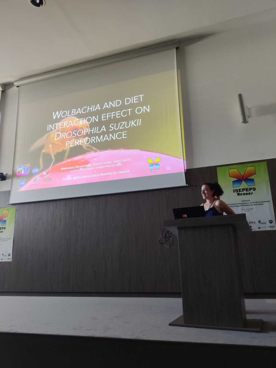 Next up is Gwenaëlle Deconninck presenting her work on Wolbachia and diet interaction effect on Drosophila suzukii performance ! 

#ISEPEP9