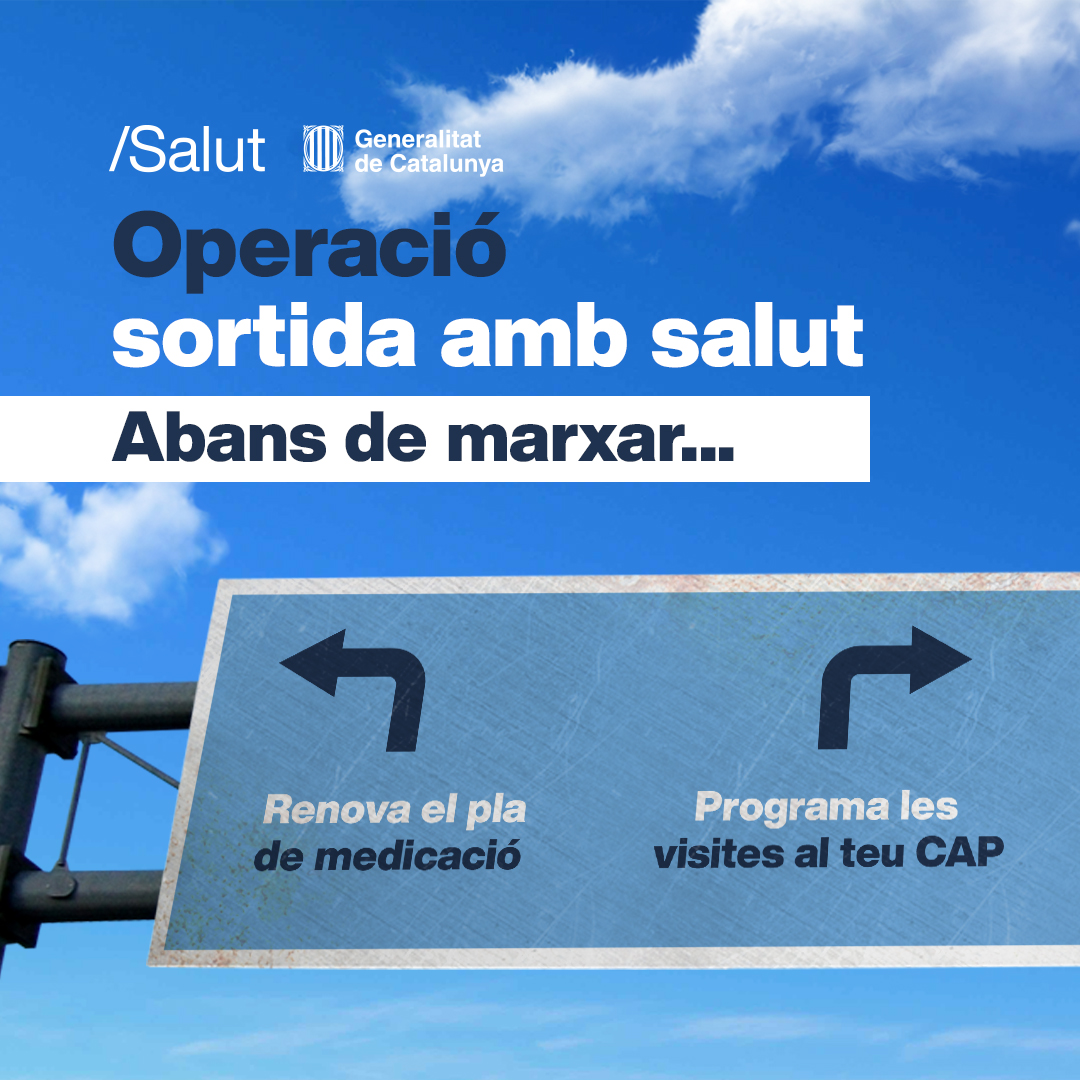 🏥 L'equip del teu centre d’atenció primària és qui pot fer el millor seguiment de la teva salut. Per aquesta raó, abans de marxar de vacances:

💊 Revisa que tinguis el pla de medicació al dia. 
📅 Ajorna o anul·la les visites programades si no pots assistir.