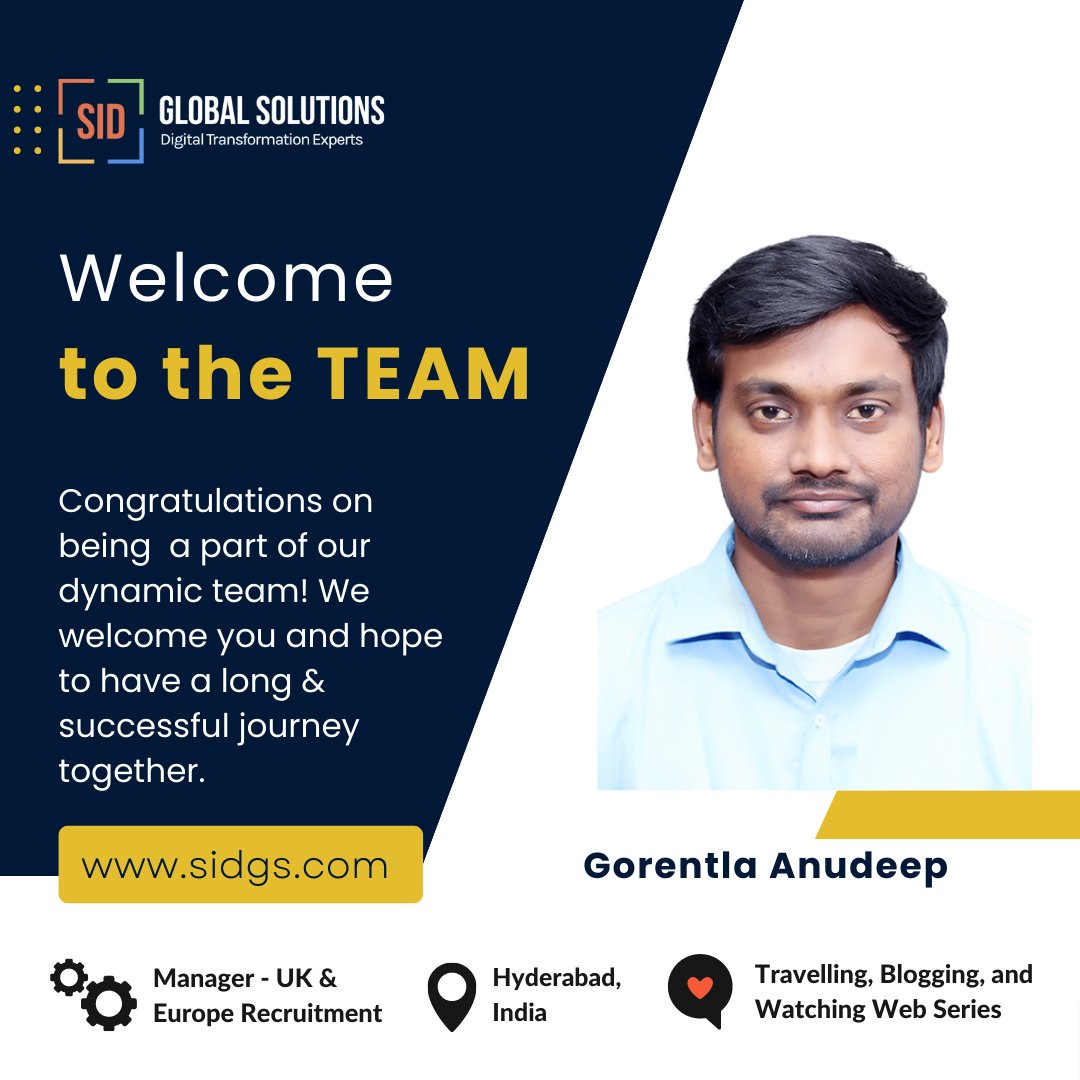 Let's welcome Gorentla Anudeep on joining us as the Manager of the UK & Europe Recruitment teams. We wish him the best for a fantastic career together!

#newhire #indiajobs #digitaltransormation  #wearehiring #hiringpost #recruiterjobs #recruitersinindia #UKjobs #europejobs