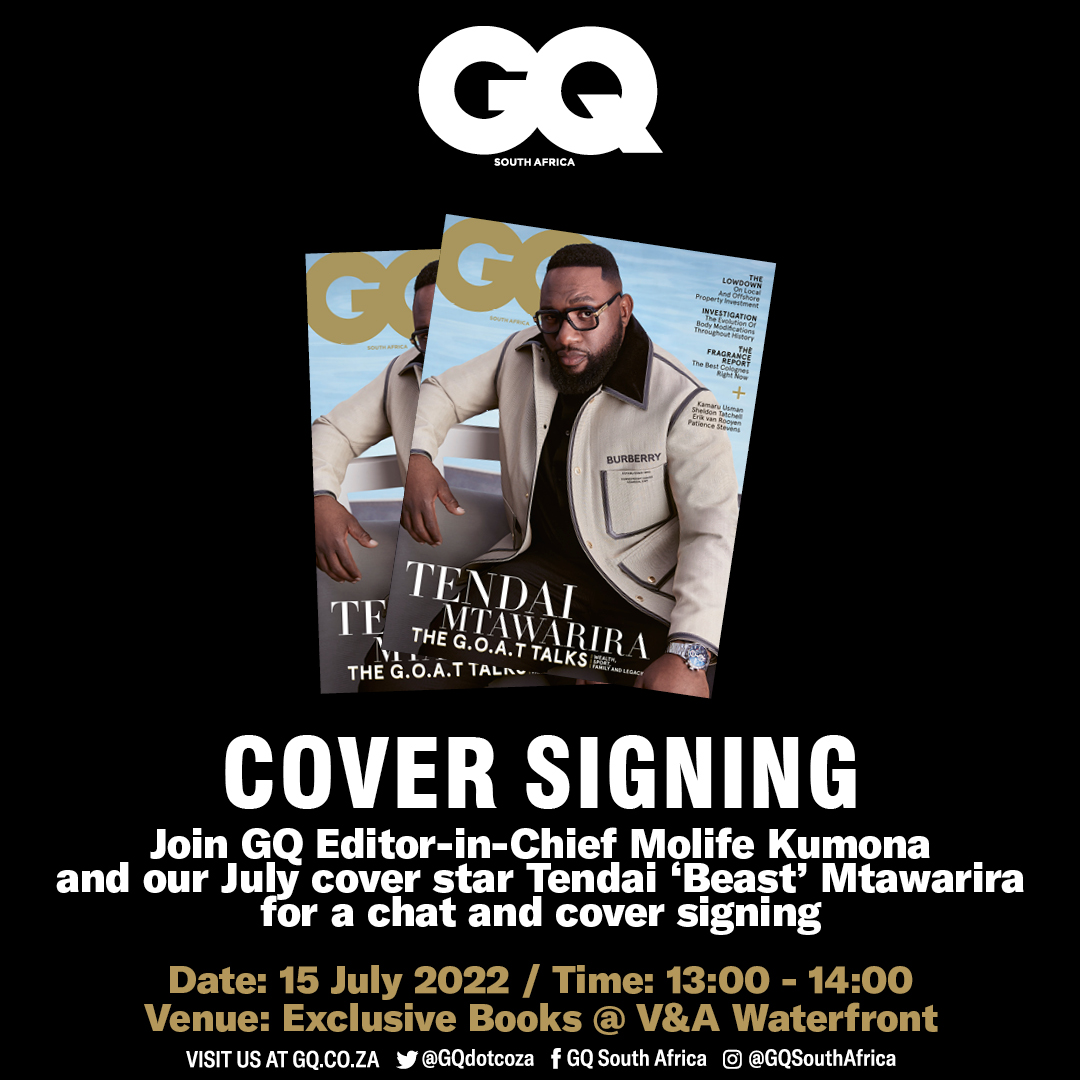 GQdotcoza's tweet photo. On Friday, join GQ's editor-in-chief @molifek and the July cover star @Beast_TM at @exclusivebooks V&amp;A Waterfront, Cape Town. #GQxTheBeast #GQxAEG #AEGSouthAfrica #ChallengeTheExpected https://t.co/PGAt9OeK9d