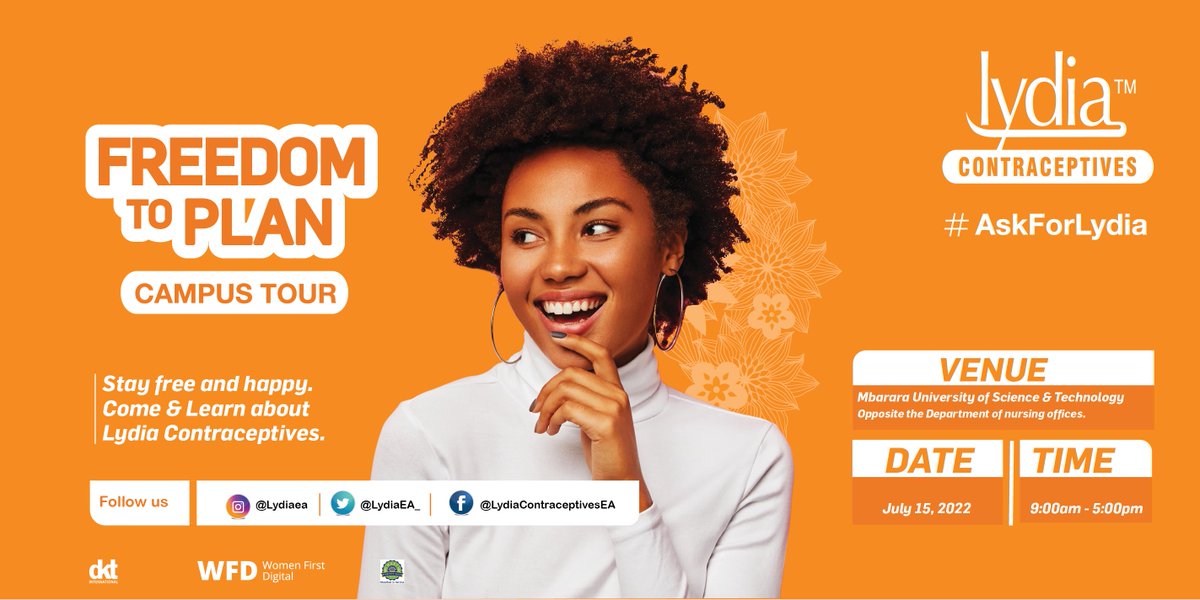 LydiaEA_'s tweet photo. Join us this Friday at Mbarara University and get to learn about our contraceptive range from 9:00AM - 5:00PM
#LydiaContraceptives
#BeALydiaWoman https://t.co/M33jsy5bPt