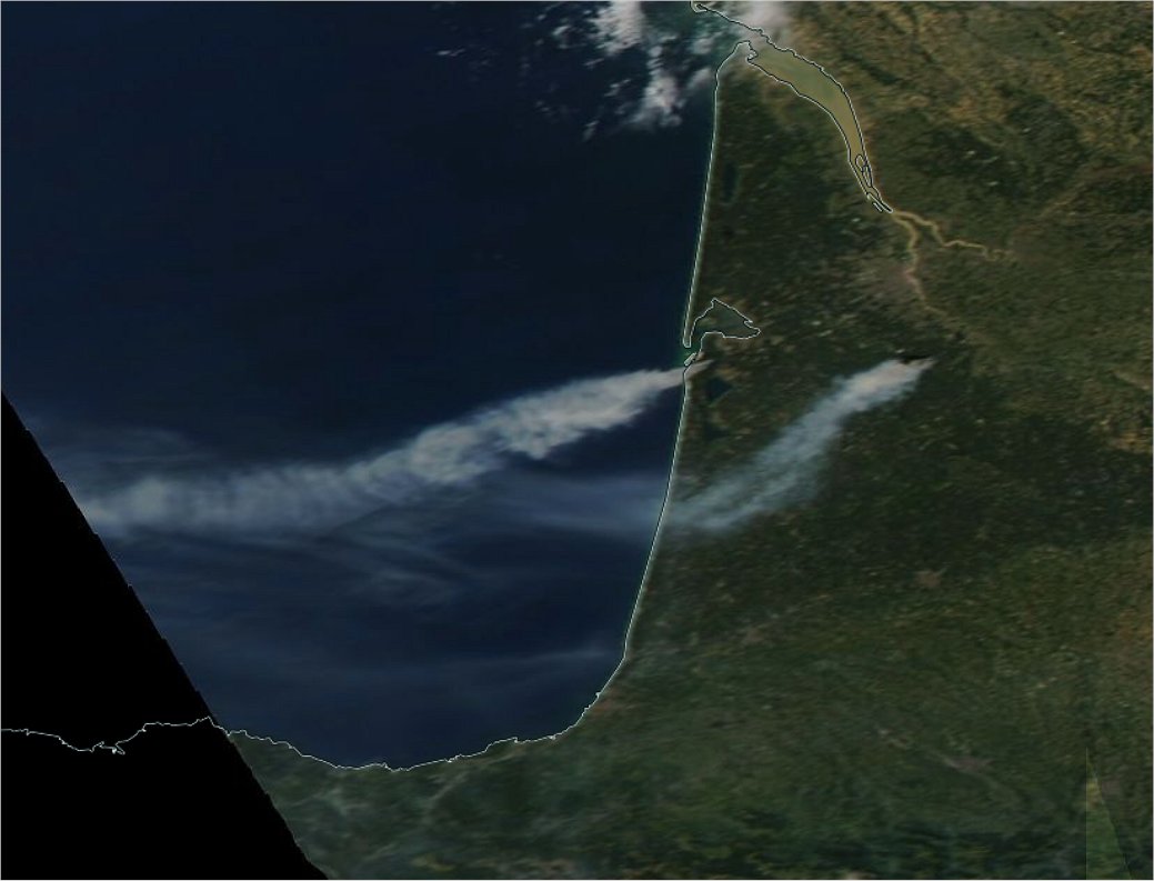 Les #incendies entre #Landes et #Gironde bien visibles encore ce mercredi (satellite MODIS/Aqua de la NASA).
Encore 38.1°C à Mont-de-Marsan, 37.7°C à Cazaux et 37°C à Dax aujourd'hui. #canicule 