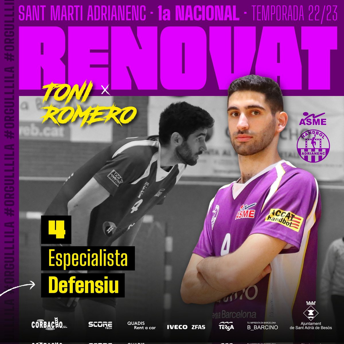SAdrianenc's tweet photo. RENOVACIÓ | Toni Romero 🔥
.
📆 Temporada 22/23
🔝 1a Nacional
🖐️ Especialista defensiu
👕 Dorsal 4
.
👩🏻‍💻 Disseny #mimigraphicdesigner
.
#OrgullLila
#SOMNIEMENLILA
#ASMEFAVA
#1aNacional💜
#sadrianenc https://t.co/QzywwCn3U0