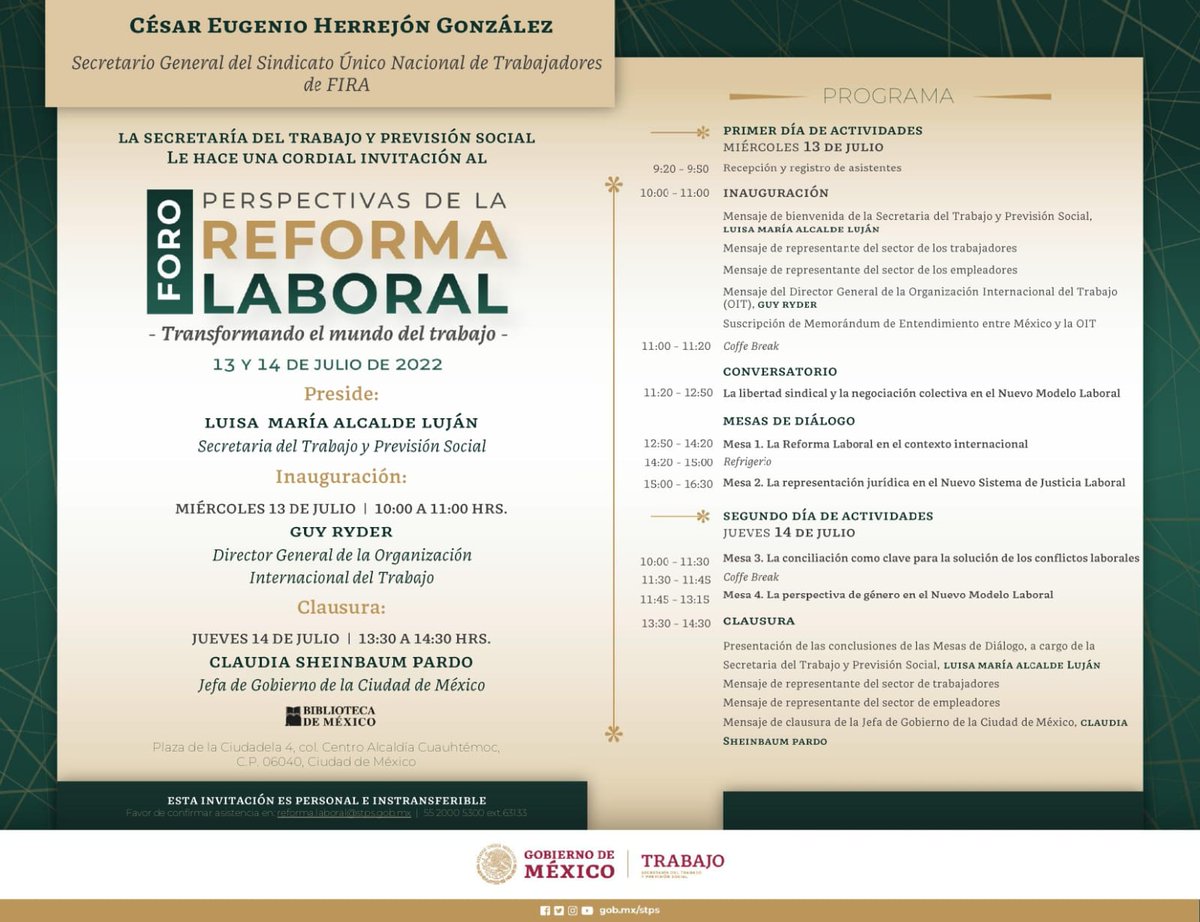 Presente en el foro Perspectivas de la Reforma Laboral, en representación del <a href="/suntfira/">SUNTFIRA</a> , como secretario general, y como presidente colegiado de <a href="/fenabadmx/">FENABAD</a> . Agradezco a la <a href="/STPS_mx/">STPS México</a> la invitación.