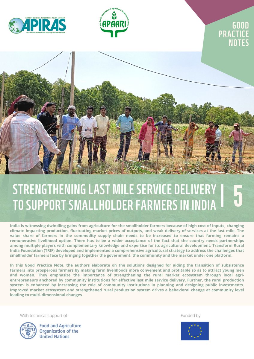 Tropical Agriculture Platform (TAP) (@tap_g20) on Twitter photo The 5th Good Practice Note by <a href="/APIRASnetwork/">Asia-Pacific Islands Rural Advisory Services</a> <a href="/APAARI/">APAARI</a> <a href="/FAO/">Food and Agriculture Organization</a> @Crisp_India has been released!
🔎Strengthening last mile service delivery to support smallholder farmers in India 🇮🇳 👩🏾🌾🧑🏾🌾
👉🏾fao.org/3/cc0871en/cc0…
#AgInnovation
#ruraldevelopment
#TAP_AIS
#EU🇪🇺 The 5th Good Practice Note by <a href="/APIRASnetwork/">Asia-Pacific Islands Rural Advisory Services</a> <a href="/APAARI/">APAARI</a> <a href="/FAO/">Food and Agriculture Organization</a> @Crisp_India has been released!
🔎Strengthening last mile service delivery to support smallholder farmers in India 🇮🇳 👩🏾🌾🧑🏾🌾
👉🏾fao.org/3/cc0871en/cc0…
#AgInnovation
#ruraldevelopment
#TAP_AIS
#EU🇪🇺