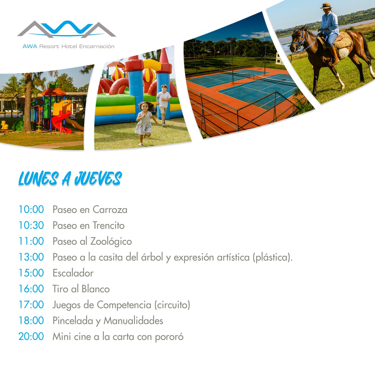 awaresortpy's tweet photo. En Awa Resort de lunes a viernes podes disfrutar de todas estas actividades en familia 😍✨

👉Todo el mes de julio reservando por la web tenes 15% OFF con el código promocional: AWA07
🖱Reservá tu lugar en https://t.co/7aekAU1ZON https://t.co/AqA0WJcnoN