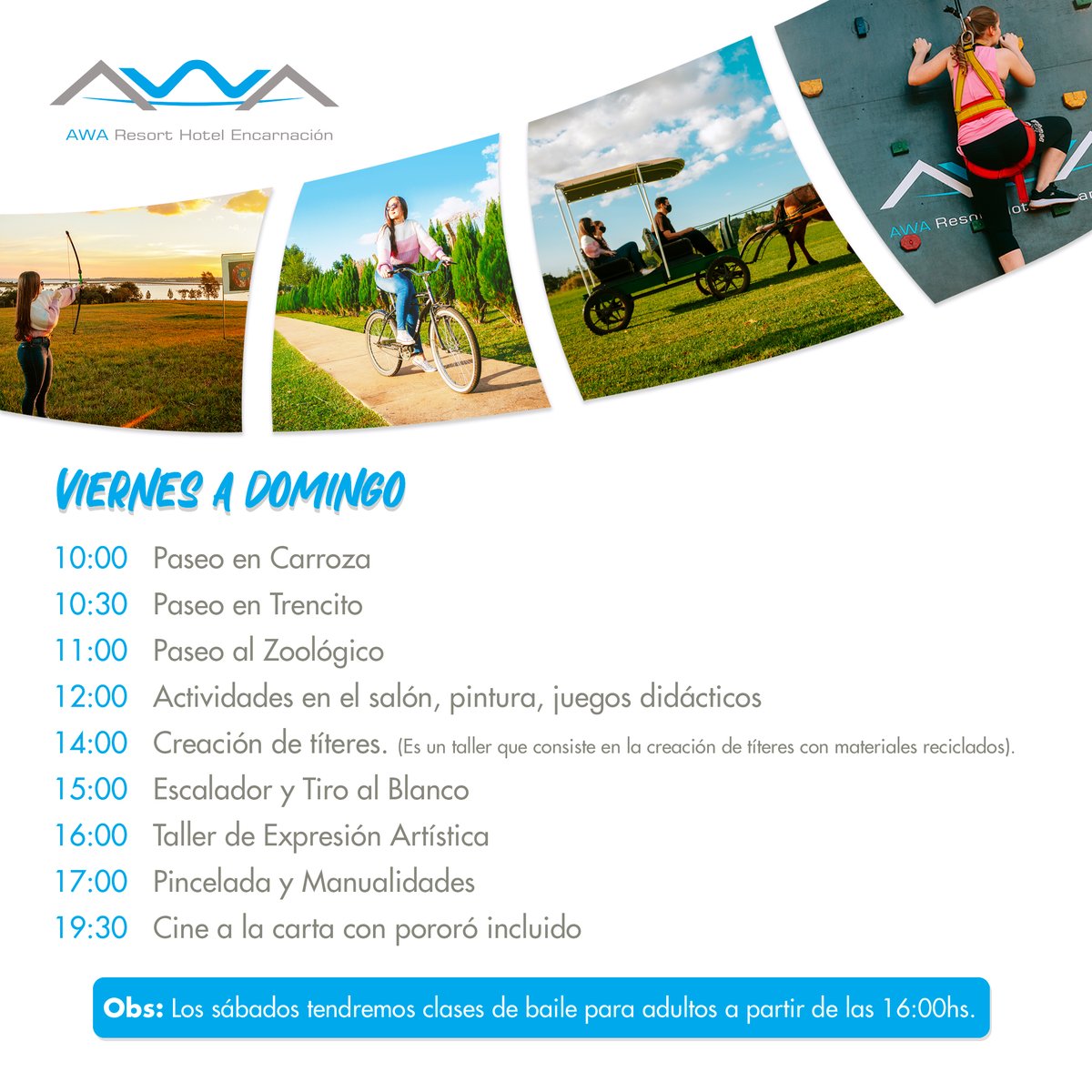 awaresortpy's tweet photo. En Awa Resort de lunes a viernes podes disfrutar de todas estas actividades en familia 😍✨

👉Todo el mes de julio reservando por la web tenes 15% OFF con el código promocional: AWA07
🖱Reservá tu lugar en https://t.co/7aekAU1ZON https://t.co/AqA0WJcnoN