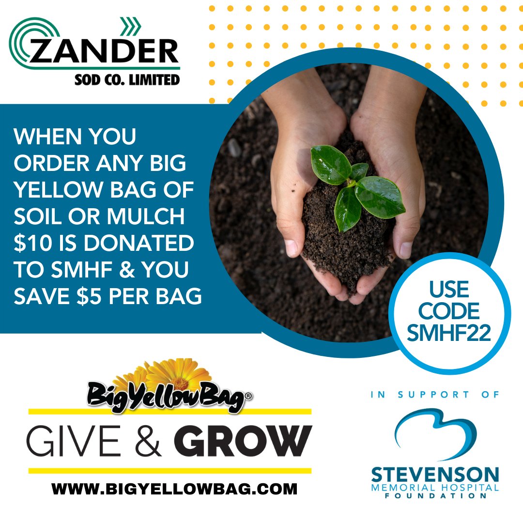 StevensonFdn's tweet photo. Zander Sod and the BigYellowBag® Give &amp; Grow Program is still ON!

$10 from every bag of soil or mulch that is purchased using our unique code (SMHF22) will come right back to us, plus you’ll get $5 off per bag. 

https://t.co/69q9jtFsfp https://t.co/PqR4uG8hgx