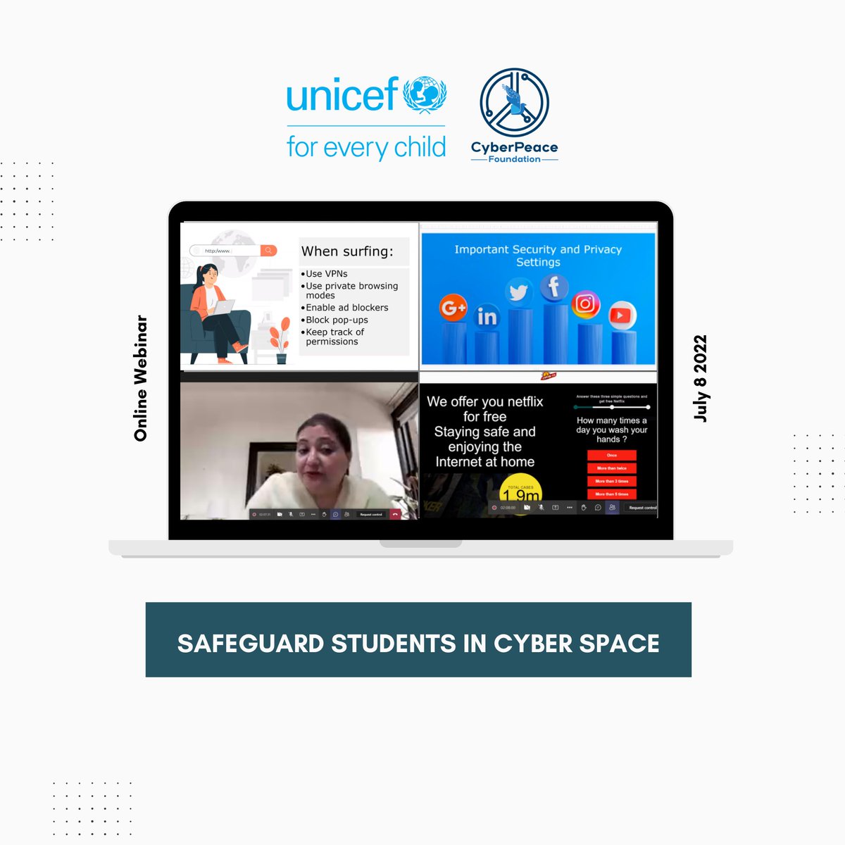 cyberpeacengo's tweet photo. Dept of Higher Education, #Gujarat &amp; @CyberGujarat with @UNICEFIndia, #CyberPeace☮️ launched #CyberSecurity Awareness Project for the first batch of students.

#OnlineWebinar https://t.co/MNtsJZWt6m