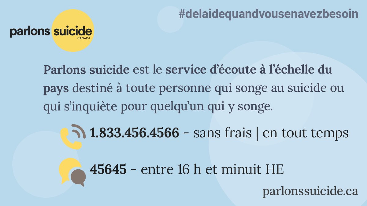 Notre ligne d’assistance, le Service Canadien de Prévention du Suicide, a un nouveau nom – Parlons Suicide Canada. Vous pouvez maintenant nous suivre sur Twitter <a href="/parlonssuicide/">Parlons suicide Canada</a> et sur Facebook @ talk.parlons.suicide ou visitez le site web pour le service parlonssuicide.ca