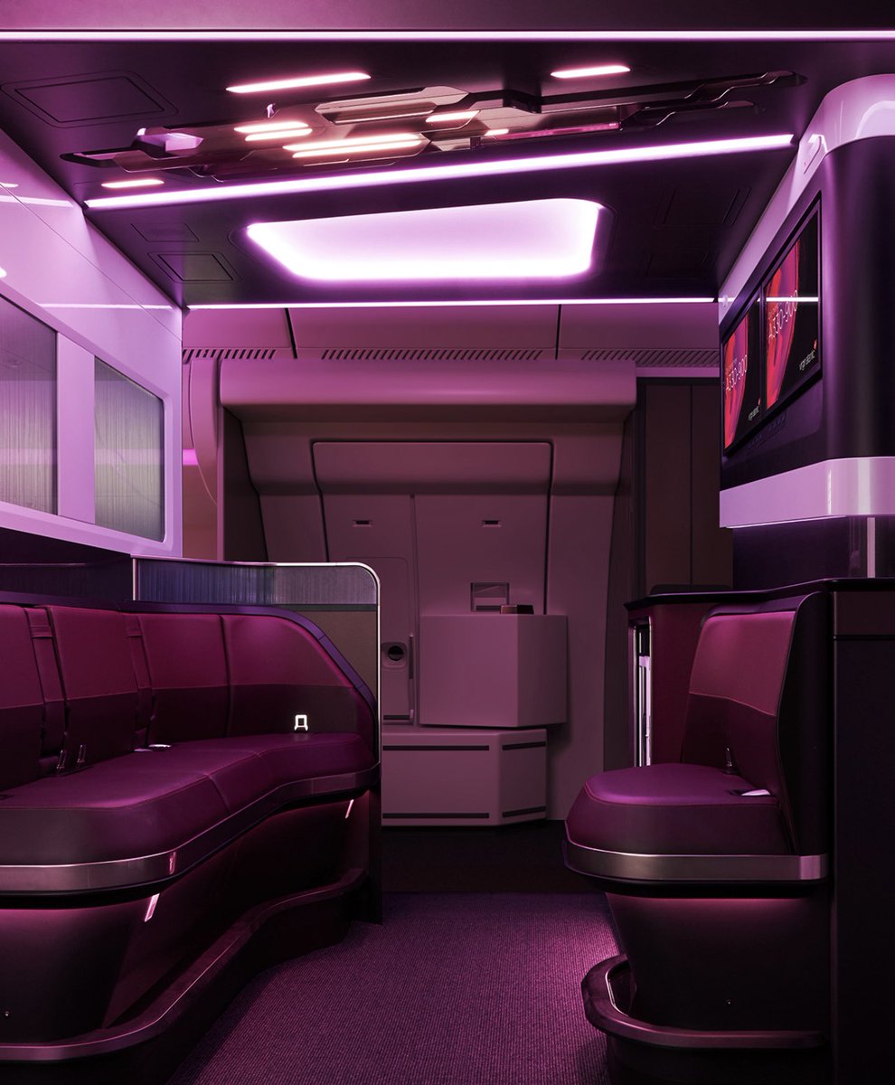 RobHall18's tweet photo. @VirginAtlantic latest Airbus A330neo features 30 upper class seats with mood lighting and privacy doors. The “Loft” social space improves passenger experience with refreshments and two 27” panoramic screens. Space for 156 economy seats with 31” pitch.

#avgeek #aviation #travel https://t.co/Kxuy7hp93Z