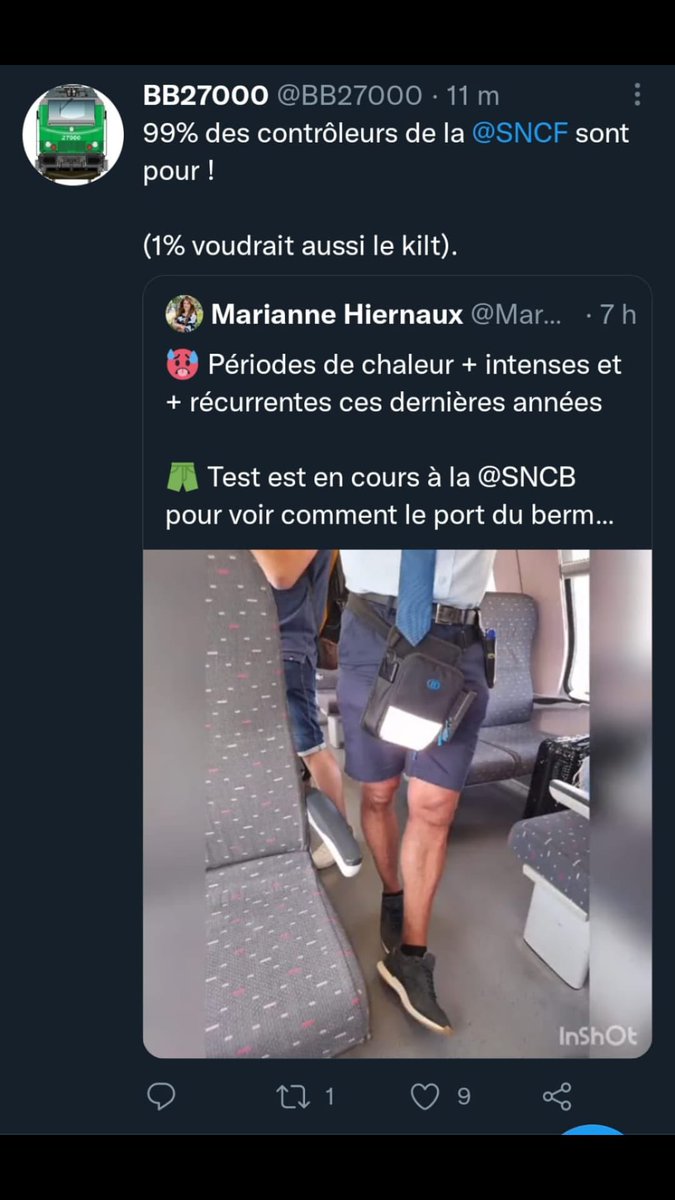 Belle initiative de la <a href="/SNCB/">SNCB</a> qui pense en premier lieu au bien être de son personnel. Et si la <a href="/SNCF/">❌</a> et <a href="/TERBreizhGo/">TER BreizhGo</a> tentaient aussi l’expérience ? #bermuda #sncf #canicule2022