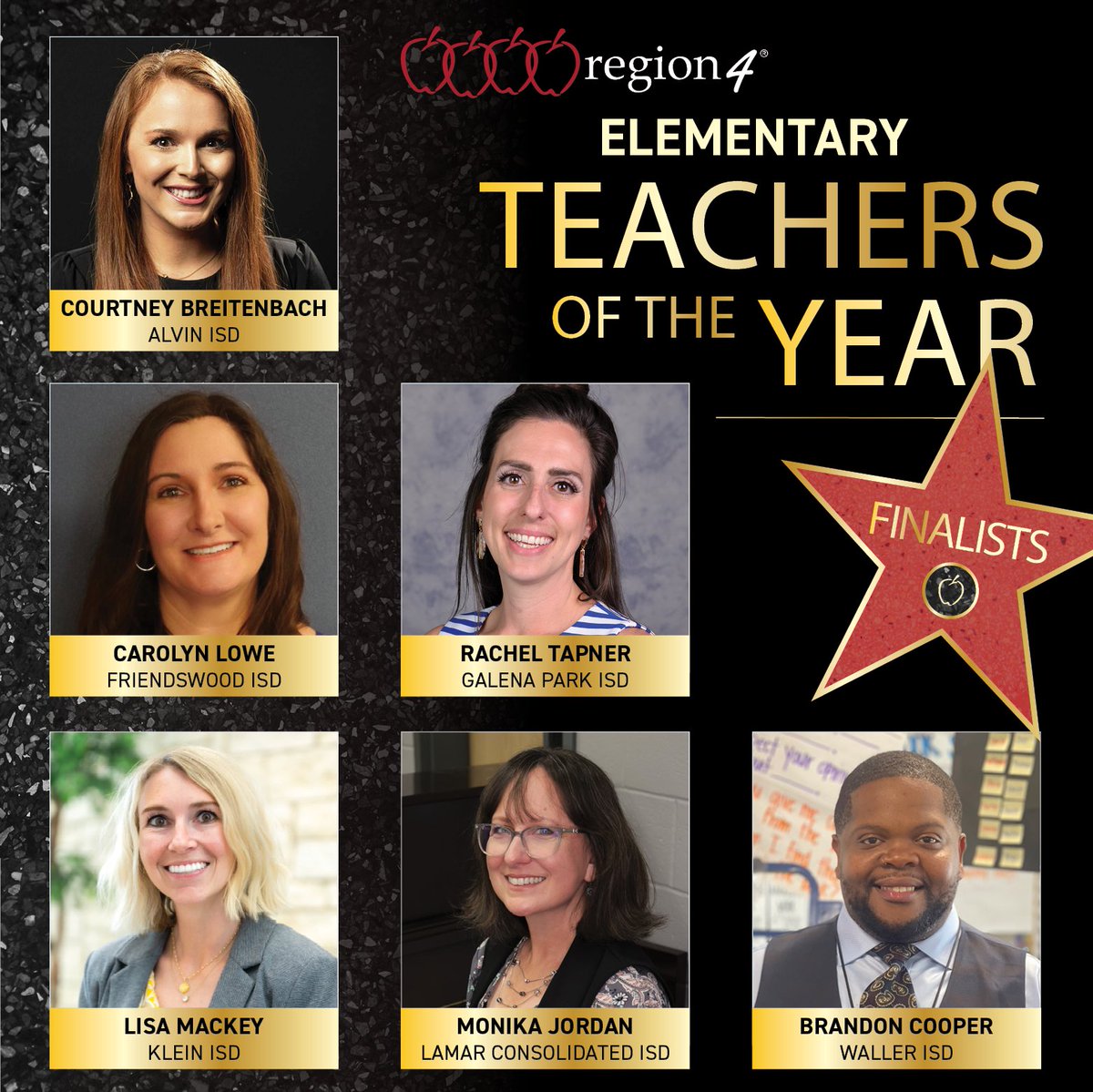 Region4ESC's tweet image. We are #R4Proud to announce the 2022 Region 4 Elementary Teachers of the Year finalists!

Join us in recognizing outstanding educators from @AlvinISD @friendswoodisd @GalenaParkISD @KleinISD @LamarCISD and @WallerISD for exemplifying the best in instructional excellence!

#R4TOY