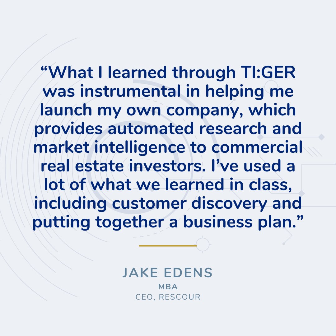 emorytiger1's tweet photo. “What I learned through TI:GER was instrumental in helping me launch my own company, which provides automated research and market intelligence to commercial real estate investors..."

Jake Edens, MBA
CEO, REscour https://t.co/Cqm9GQ6Fzq