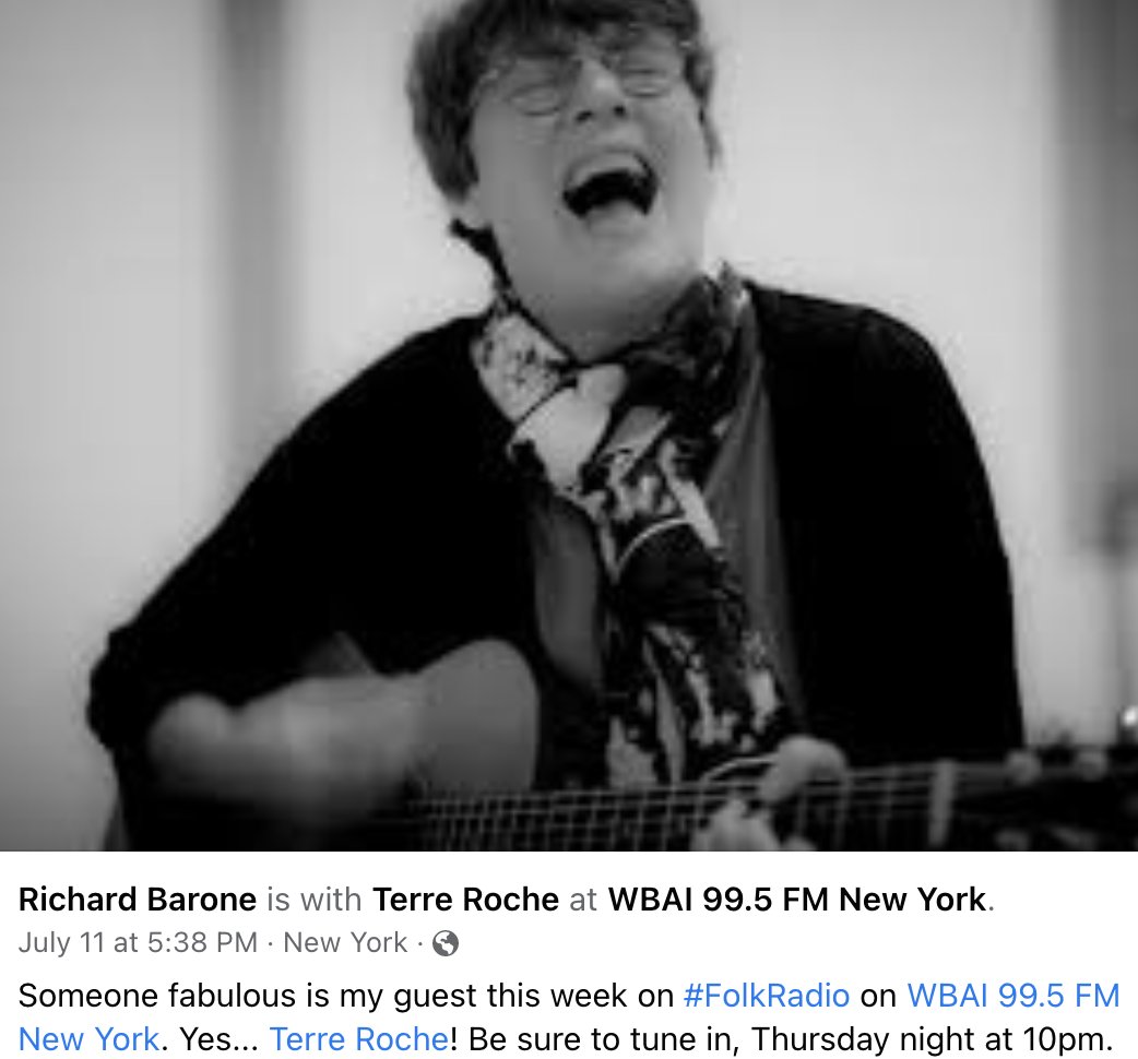 "TOMORROW NIGHT!  Thursday, July 14th, I'll be @richardbarone's guest on his radio show on @wbai  99.5 FM from 10PM to midnight. Richard and I each have releases coming in October.  I'll be premiering the title track from mine tomorrow on the show. #TheRoches #TerreRoche #wbai