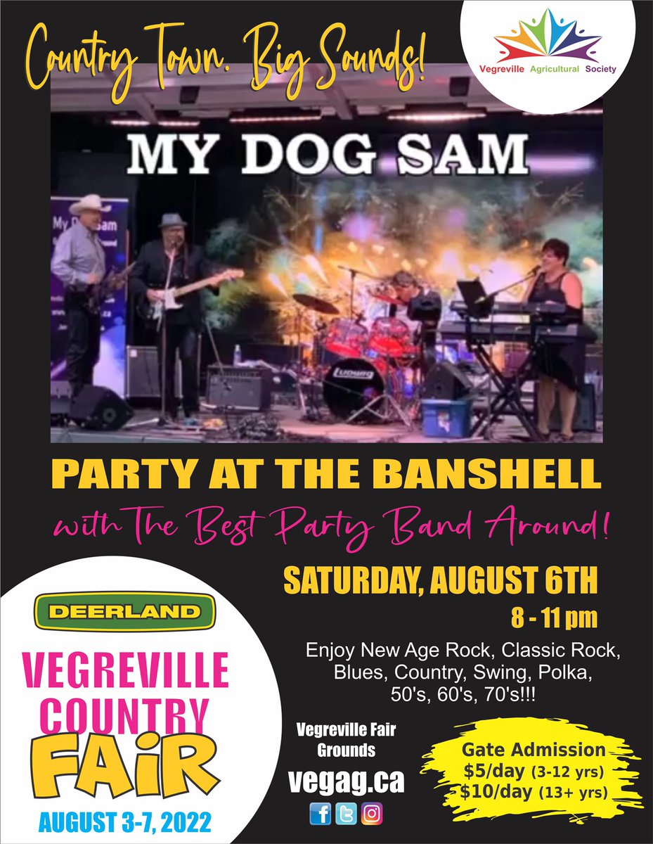 vegagsoc's tweet photo. #WildWednesday has you getting ready to party with the 💥 BEST PARTY BAND AROUND 💥 at the Vegreville Deerland Country Fair - Saturday evening at the Bandhsell!!! 🎵🎙️ 🎉

🎟️ Get your Fair tickets NOW at the Vegreville Ag Office or online at https://t.co/eS2Y2kYZCg

#vegfair2022 https://t.co/Xi92NJTkK7