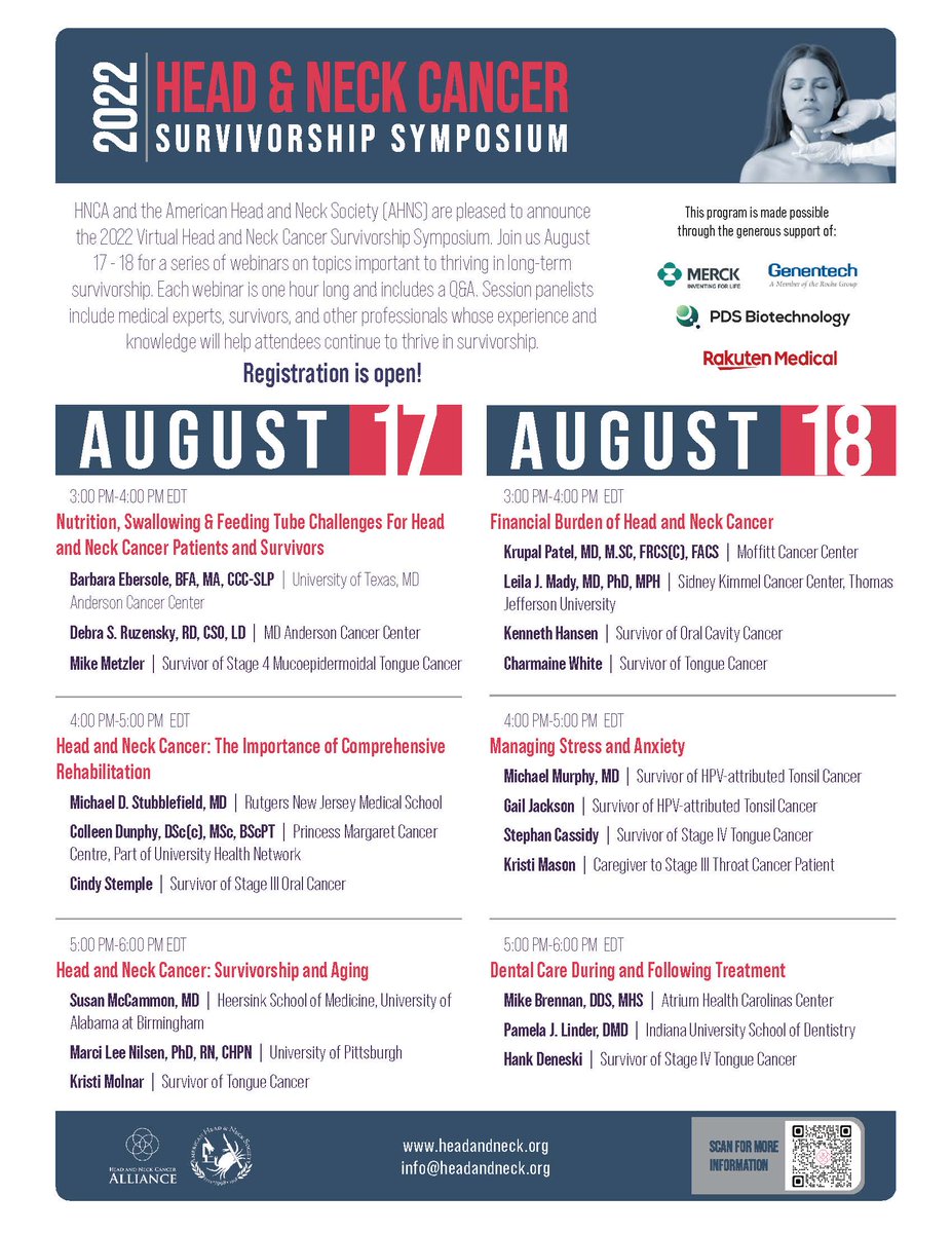 The 2022 virtual head and neck cancer survivorship symposium is happening this August. See more info below and check out the presentation from our very own Colleen Dunphy!