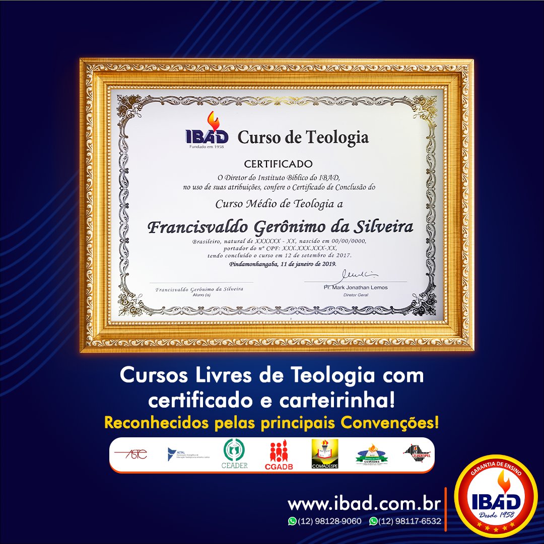 IBAD_OFICIAL's tweet photo. Os cerificados do IBAD são reconhecidos por mais de 60 convenções espalhadas pelo Brasil e mundo!

Venha estudar conosco!
Acesse - https://t.co/PyxO6GnZas - e se inscreva!

#ibad #teologia https://t.co/fUlanzbpyT