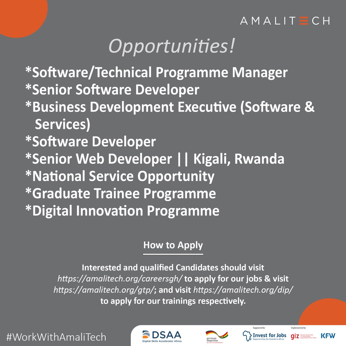 amali_tech's tweet photo. There are several opportunities at AmaliTech currently.
If you are in #Ghana, visit https://t.co/ThZFCNvcDn to apply for our jobs.
If you are in #Kigali, #Rwanda, visit https://t.co/4epY6nsyKT to apply for our vacancies.
#jobsearch #Java #developers #Accra #hiring #VisitRwanda https://t.co/qocX5VDDPe