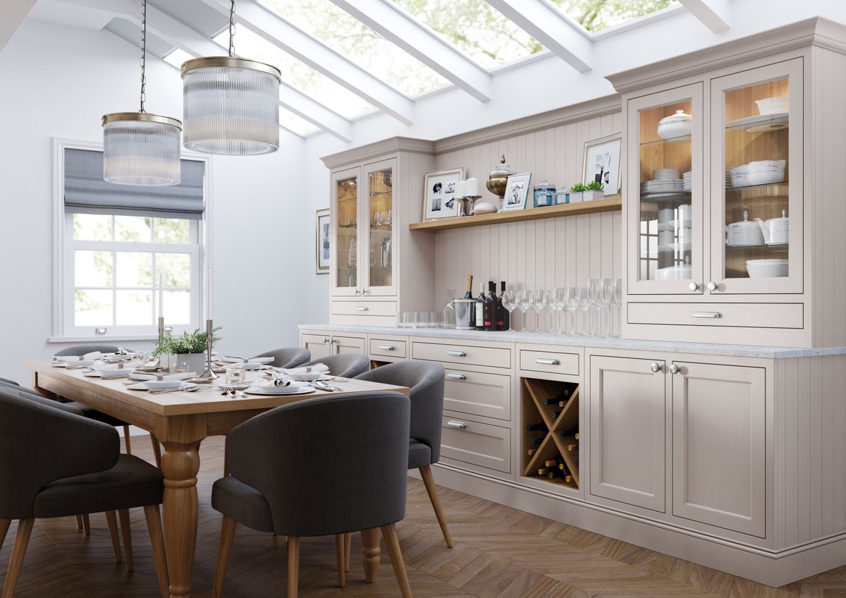 This drinks area was created using stunning glazed dressers, v-groove panelling and oak wine racks - perfect for serving drinks at the dining table. 📷 @Kitchen_Stori #frederickgeorgekitchens #bespokekitchen #shakerkitchen #inframekitchen #kitchendresser #kitchendesign