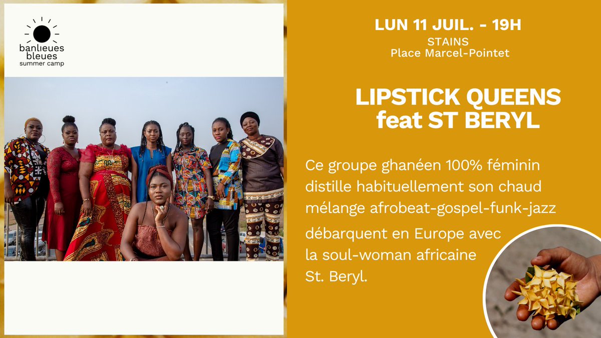 SUMMER CAMP ☀️ GRATUIT Ce groupe ghanéen 100% féminin distille habituellement son chaud mélange afrobeat-gospel-funk-jazz dans les clubs d’Accra. Elles débarquent en Europe avec la soul-woman africaine St. Beryl. #BBSC22 #ssd93 #festival #worldmusic #summertime