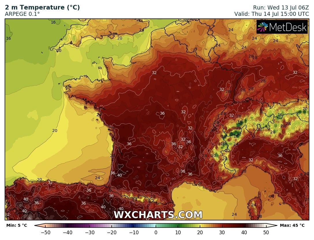 Demain #14Juillet  plutôt 38 que 36°C sur le sud-ouest et en vallée du Rhône, avec des pointes possibles à 40°C localement, notamment en Aquitaine, entre #Landes et #Gironde. 
Baisse des valeurs au nord pour 48h. #canicule 