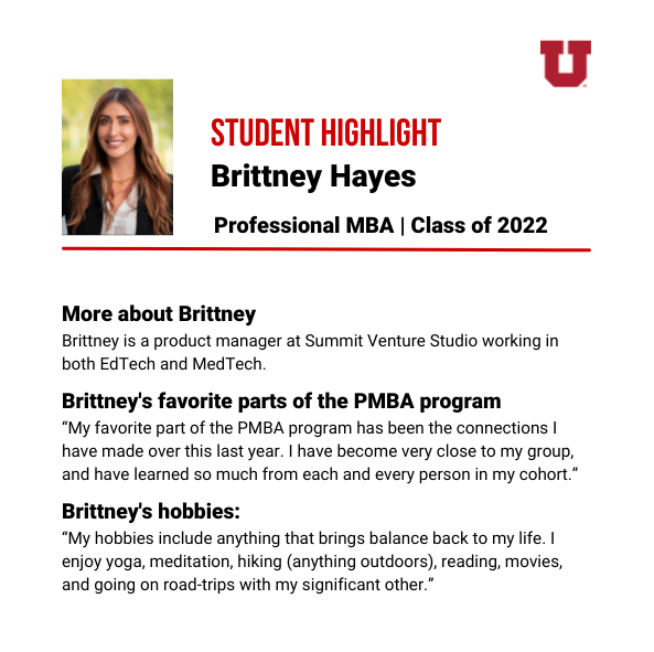 UtahPMBA's tweet photo. Student Spotlight! Brittney Hayes has been nominated for a spotlight from a fellow student. Brittney has been an engaged student and has been recognized for being a team player. Thank you, Brittney, for making the program what it is! https://t.co/ioSqn2eQWZ