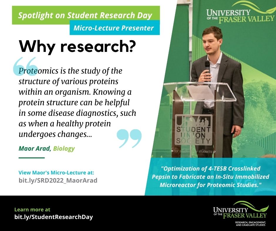 📆 "Why Research?" Wednesday | Student Micro-Lecture Edition!

🎥Revisit Student Research Day with the two minute Micro-Lecture challenge. This week, Maor Arad, Biology.👏 

Watch here 👉bit.ly/SRD2022_MaorAr…

<a href="/goufv/">U of Fraser Valley</a> <a href="/UFVscience/">UFVscience</a> <a href="/UFVBCSA/">UFV Biology and Chemistry Student Association</a>