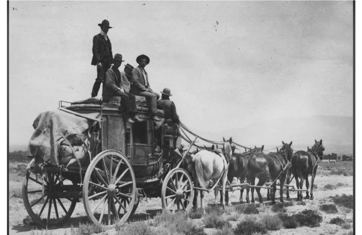 NickBrumby's tweet photo. Stagecoaches were built strong; they carried passengers, mail, gold, silver, baggage, and arms, were high enough to ford rivers, tough enough to traverse rocky terrain, climb narrow mountain roads, and withstand blistering heat and freezing cold. 

#wildwest #oldwest #westerns https://t.co/UB9xzKlPC4